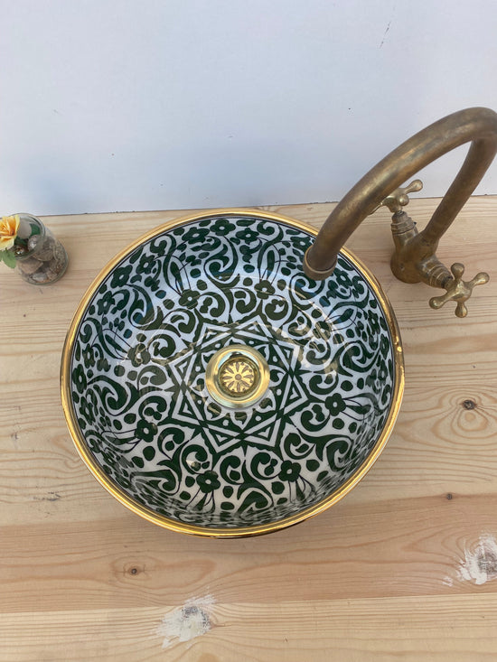 Green Bathroom vessel sink made from ceramic 100% handmade hand painted, ceramic sink decor built with mid century modern styling