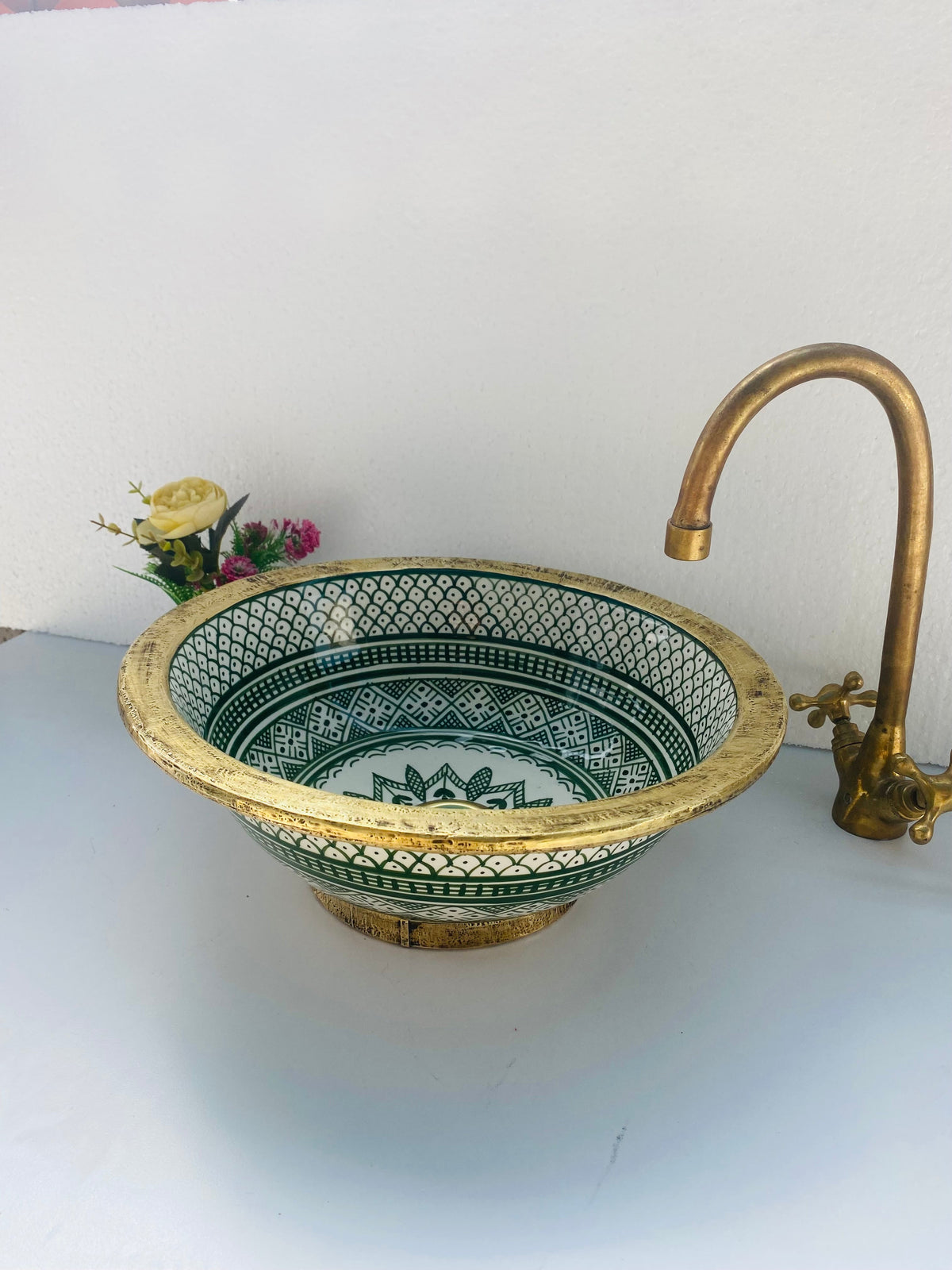 Brushed Solid Brass Rimmed Basin Green - Basin with Mid-Century Modern Flair - Artisanal Farmhouse green sink