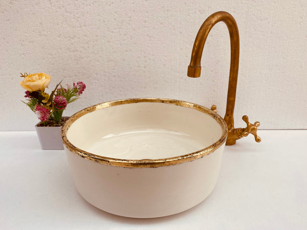 Bathroom veseel sink Brushed Solid Brass Rimmed - washBasin with Mid-Century Modern - Artisanal Farmhouse basin free gift with
