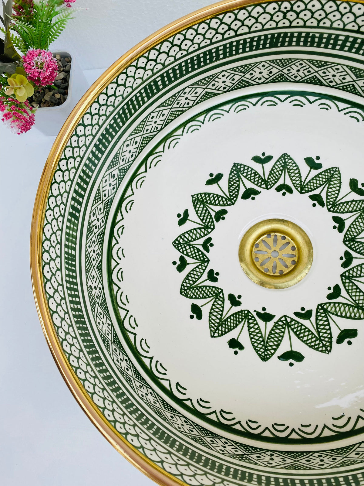Personalization sink 14k gold emerlad green bathroom washbasin mid century hand painted sink