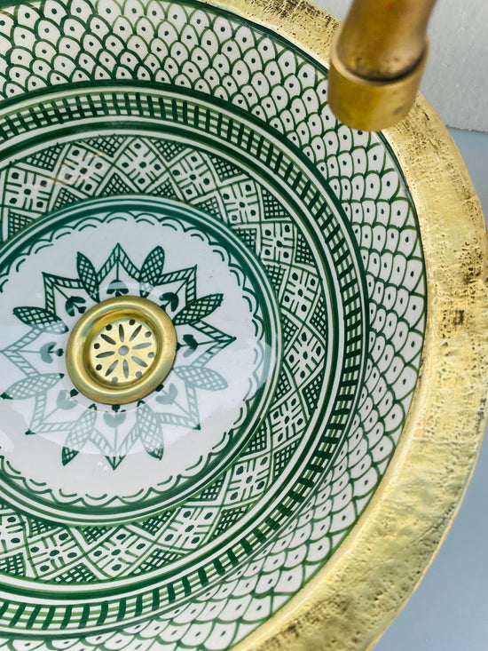 Brushed Solid Brass Rimmed Basin Green - Basin with Mid-Century Modern Flair - Artisanal Farmhouse green sink