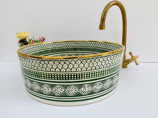 Personalization sink 14k gold emerlad green bathroom washbasin mid century hand painted sink