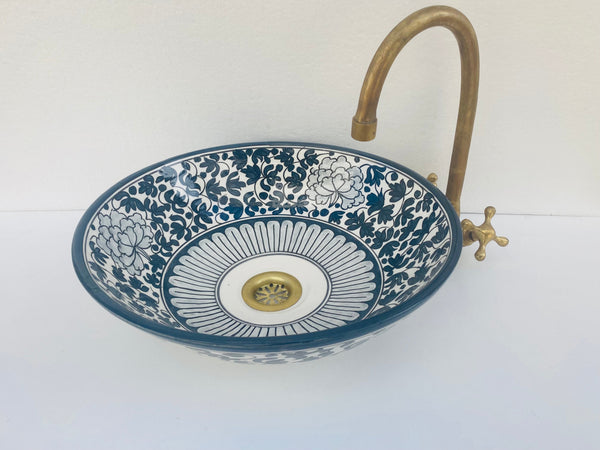Rustic floral Bathroom vessel basin - sink made from ceramic 100% handmade - ceramic basin decor built with mid century modern Flair