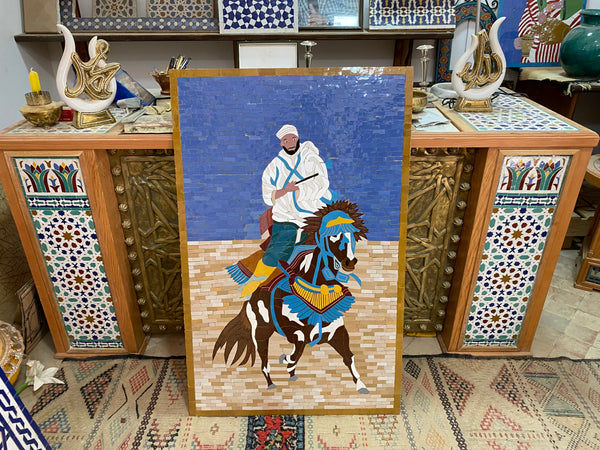 Moroccan mosaic wall hanging with wooden frame, small mosaic pieces horse Fantasia