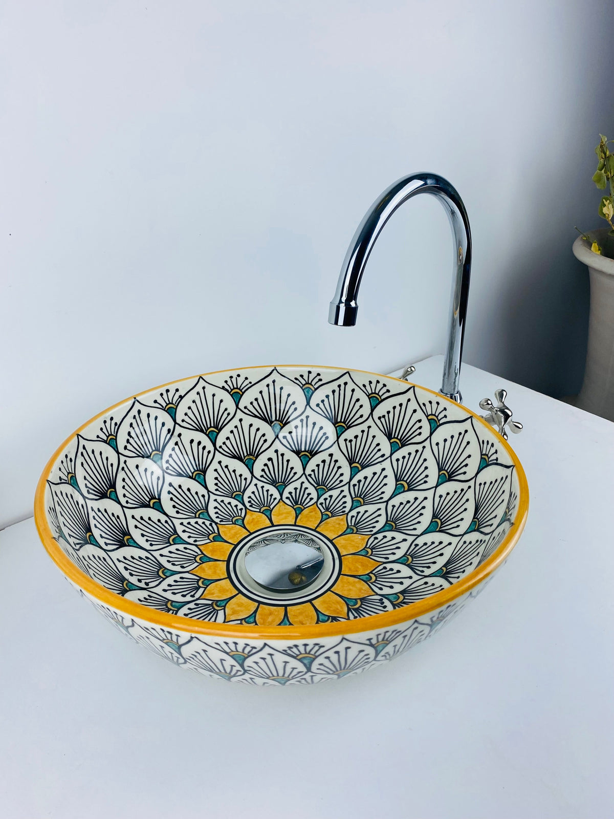 Sun flower bathroom vessel sink made from ceramic 100% handmade hand painted for bathroom - sink decor built with mid century modern Flair