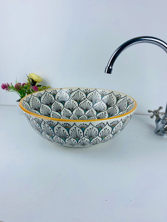 Sun flower bathroom vessel sink made from ceramic 100% handmade hand painted for bathroom - sink decor built with mid century modern Flair