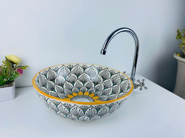 Sun flower bathroom vessel sink made from ceramic 100% handmade hand painted for bathroom - sink decor built with mid century modern Flair