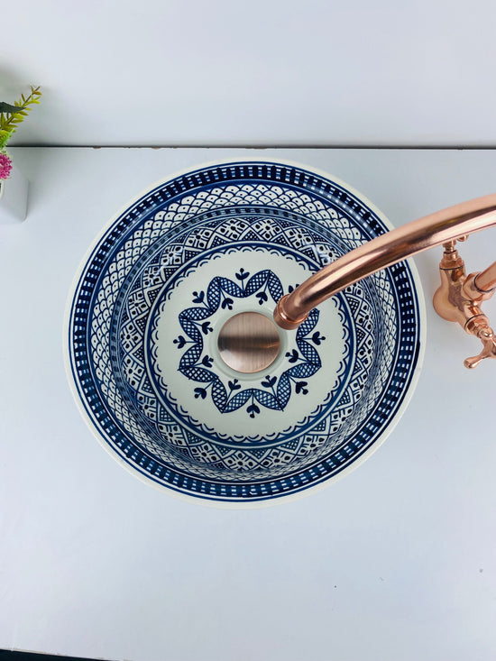 Bathroom vessel sink White and Blue 100% handmade hand painted - ceramic sink decor built with mid century modern Flair