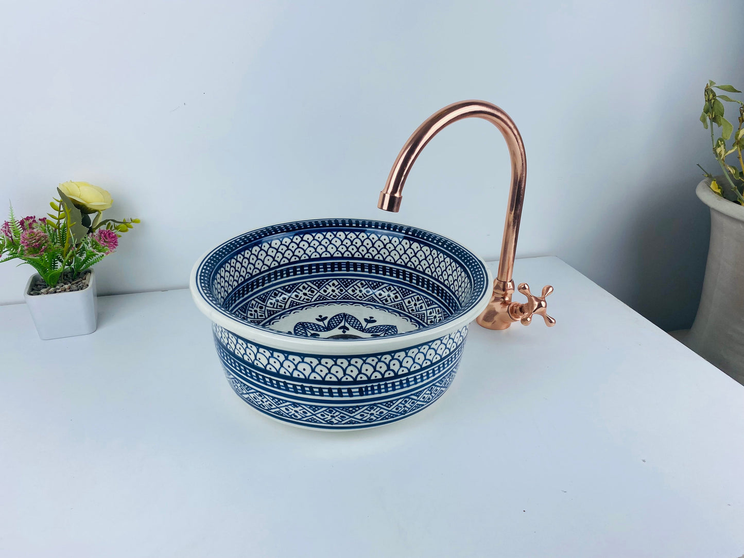 Bathroom vessel sink White and Blue 100% handmade hand painted - ceramic sink decor built with mid century modern Flair