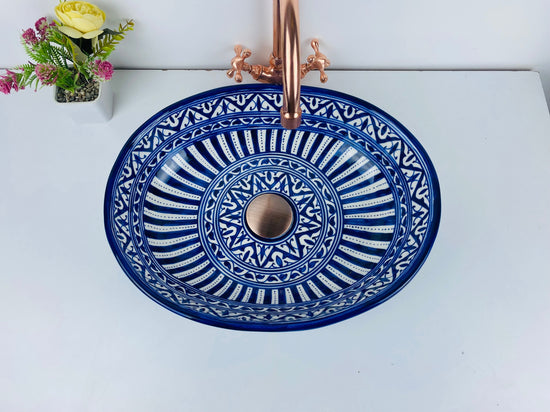 Blue minimalist basin - Bathroom vessel sink - 100% handmade hand painted - ceramic sink decor built with mid century modern Flair + gift
