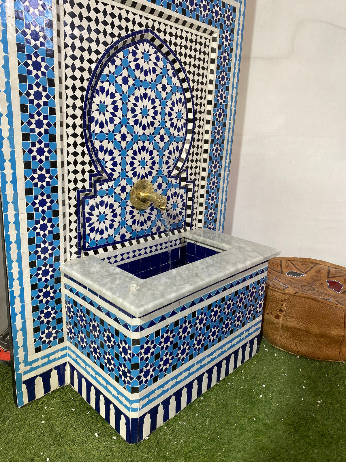 Moroccan mosaic fountain ,Moorish mosaic tile fountain Mosaic , water inside fountain, Moroccan Mosaic Fountain, terrace Indoor Decor.