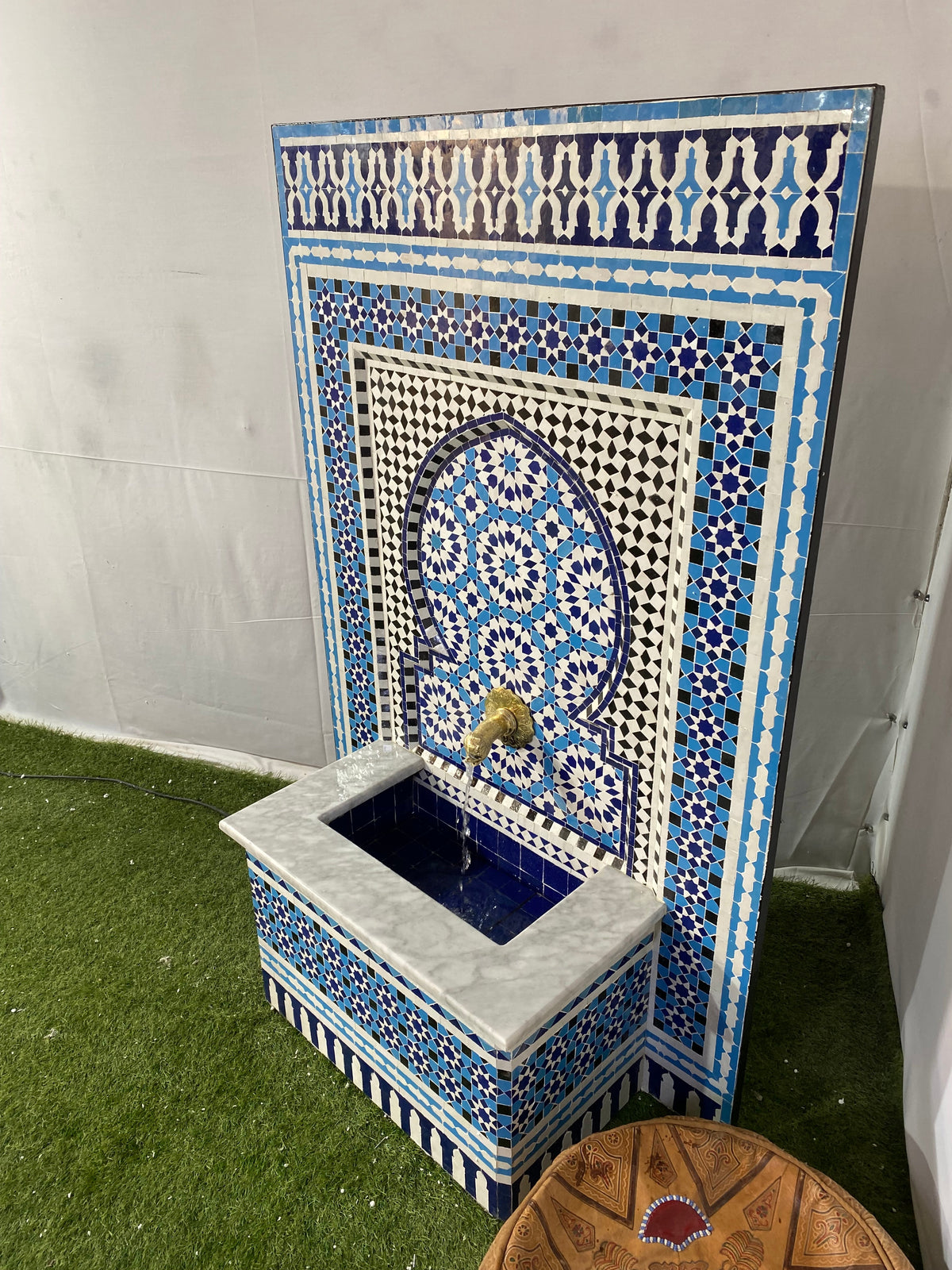Moroccan mosaic fountain ,Moorish mosaic tile fountain Mosaic , water inside fountain, Moroccan Mosaic Fountain, terrace Indoor Decor.