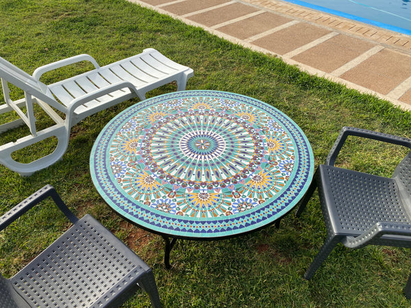 Unique Mosaic Table for Outdoor & Indoor unique mandala design 100% handcrafted, large luxury Round table made from green tiles