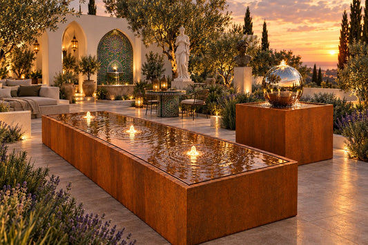 Corten steel fountains on a luxury Andalusian-inspired Australian terrace at sunset