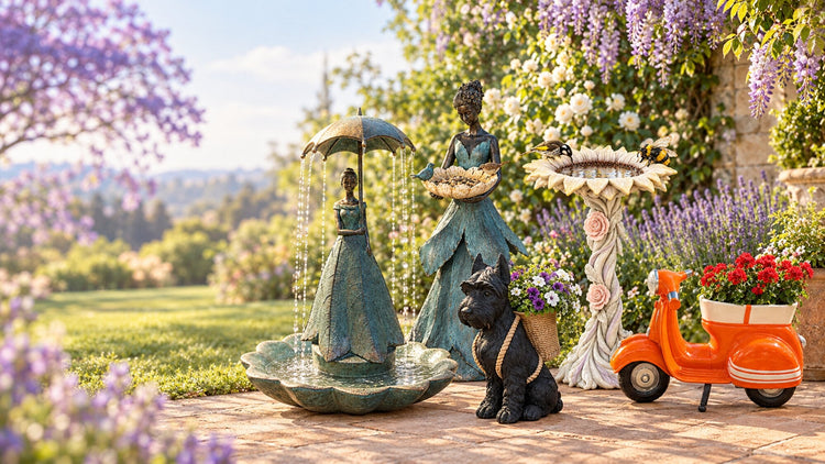 Spring Collection 2026 garden statues, umbrella fountain, sunflower bird bath, dog planter and scooter planter in a spring garden