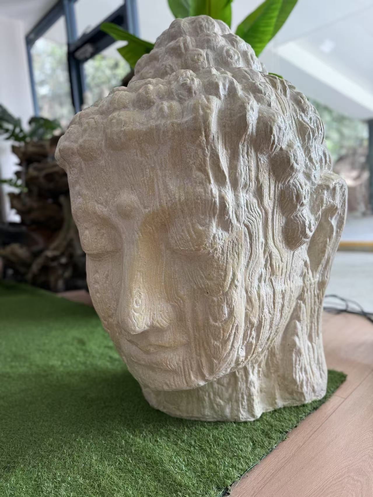 Zen Buddha Head Statue Sandstone Cement Fibre Wood Motif