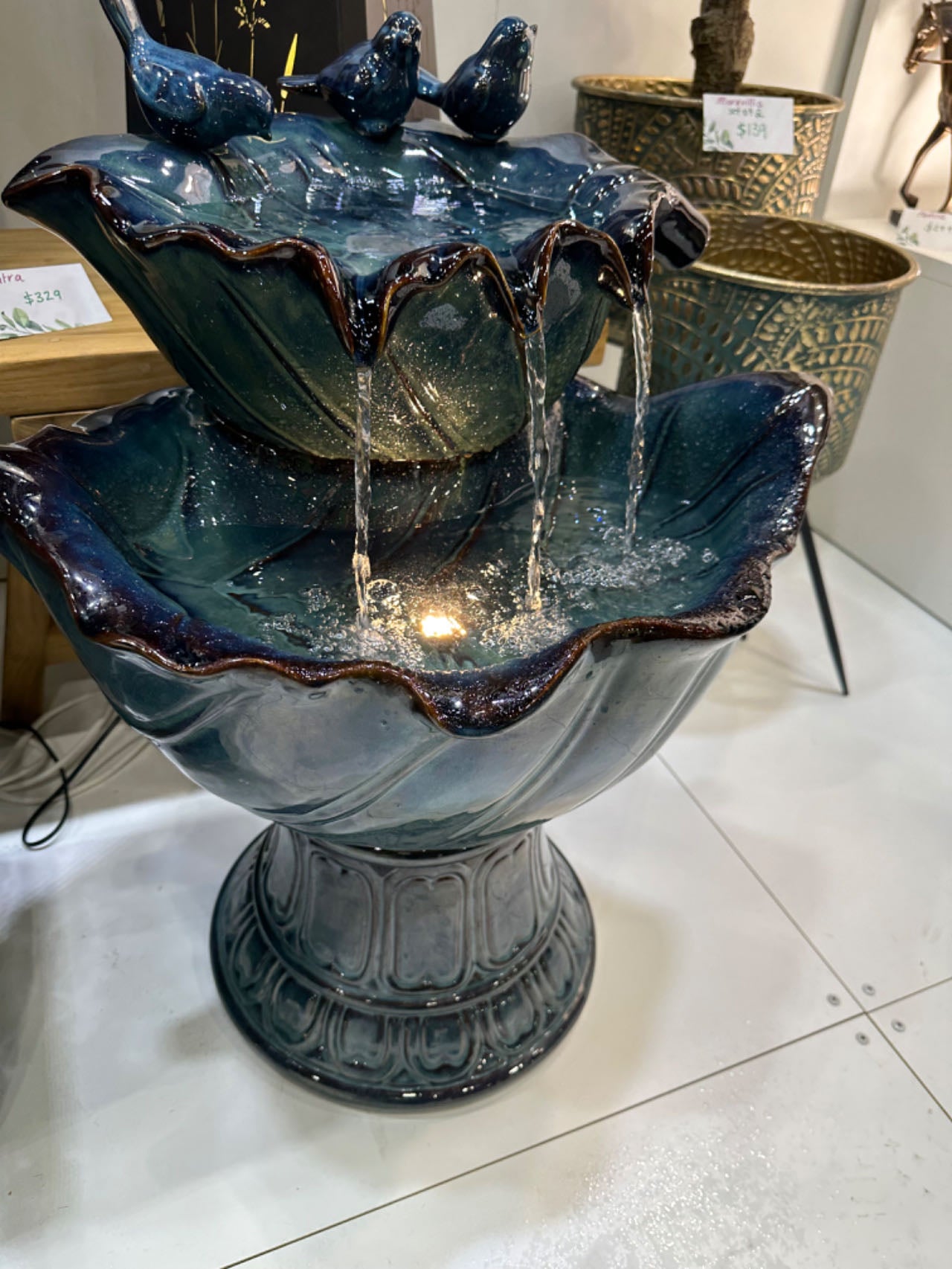 Valladoid Azzuro Blue Ceramic Fountain with Birdies