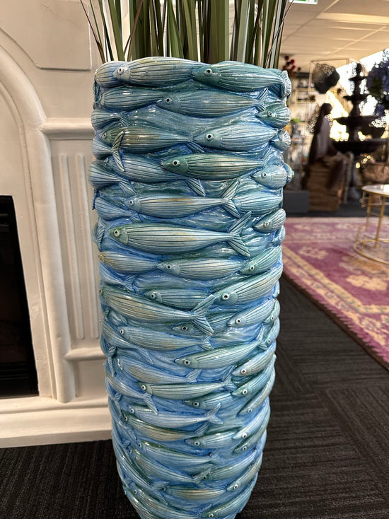 Brindisi Aqua Fish Design Planter Light Med Blue Colour Fish School Design