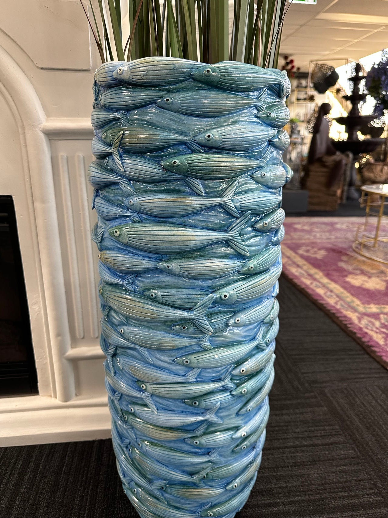 Brindisi Aqua Fish Design Planter Light Med Blue Colour Fish School Design