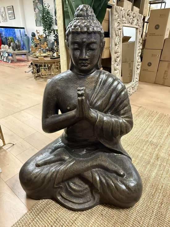 Joy Buddha Statue Black Gold Cement Fibre Material Outdoor