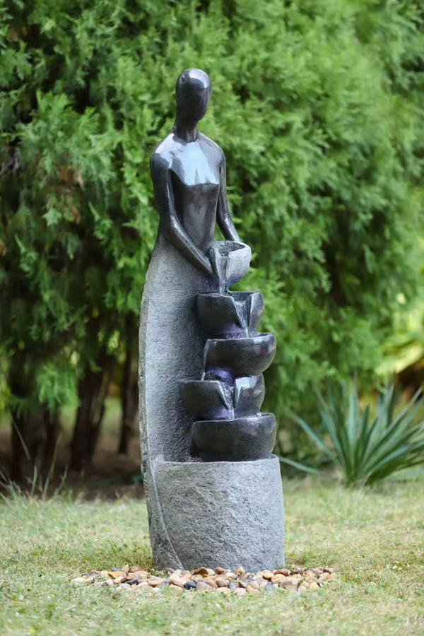 Senorita Modern Woman Statue Fountain – 5-Tier Cascading Water Feature, Charcoal Sandstone