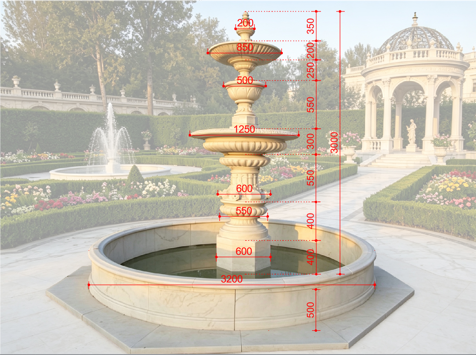 Elysian Falls Custom 3-Tier Marble Fountain with Long Central Column – 3m Grand Feature