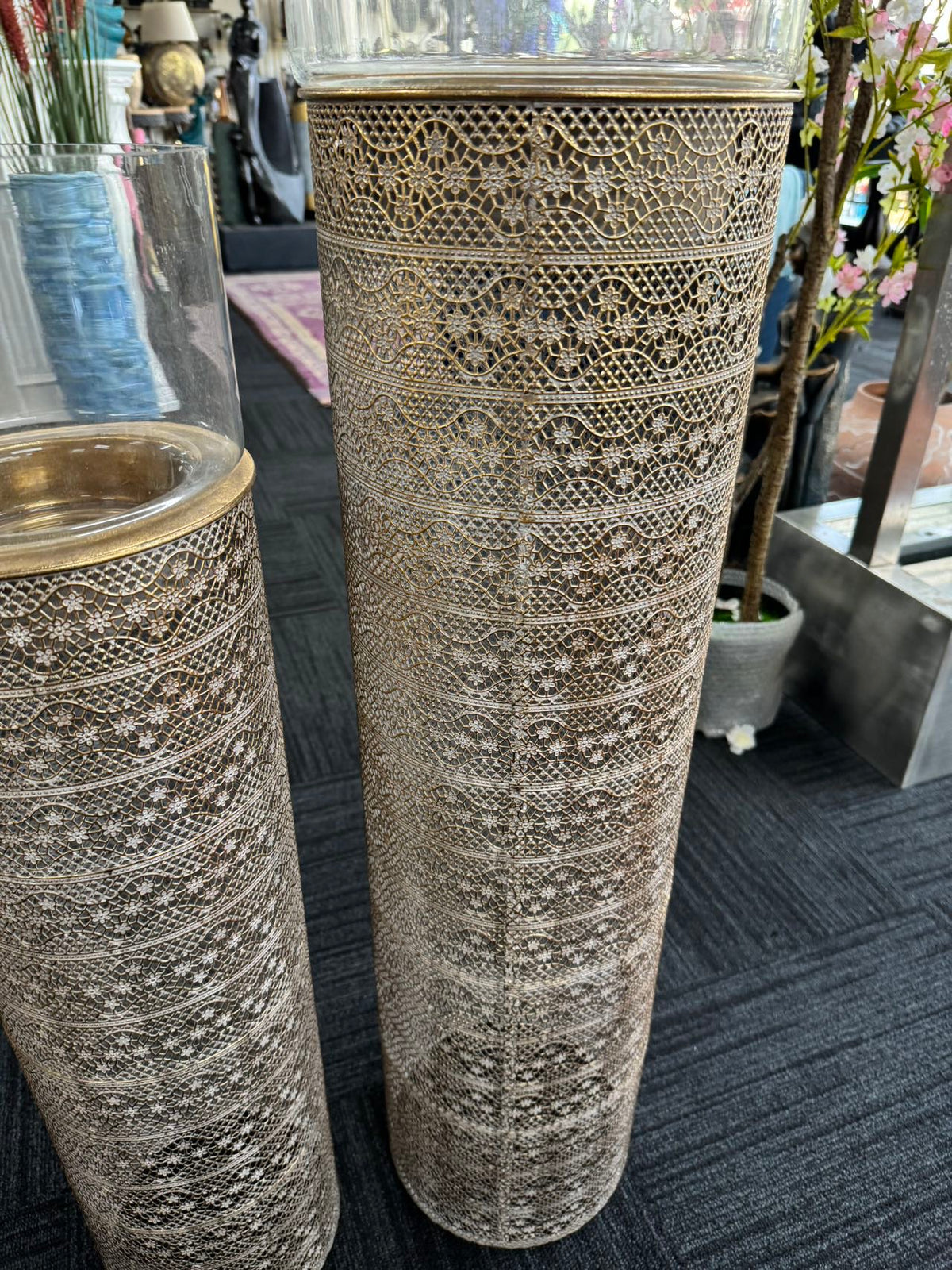 Gold Pillars Candle Metal Holders Set 2 Gold Colour