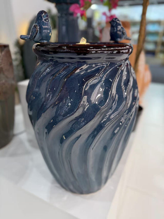 Isleta Glazed Ceramic Urn Shaped Blue Fountain with Birds