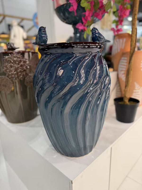 Isleta Glazed Ceramic Urn Shaped Blue Fountain with Birds