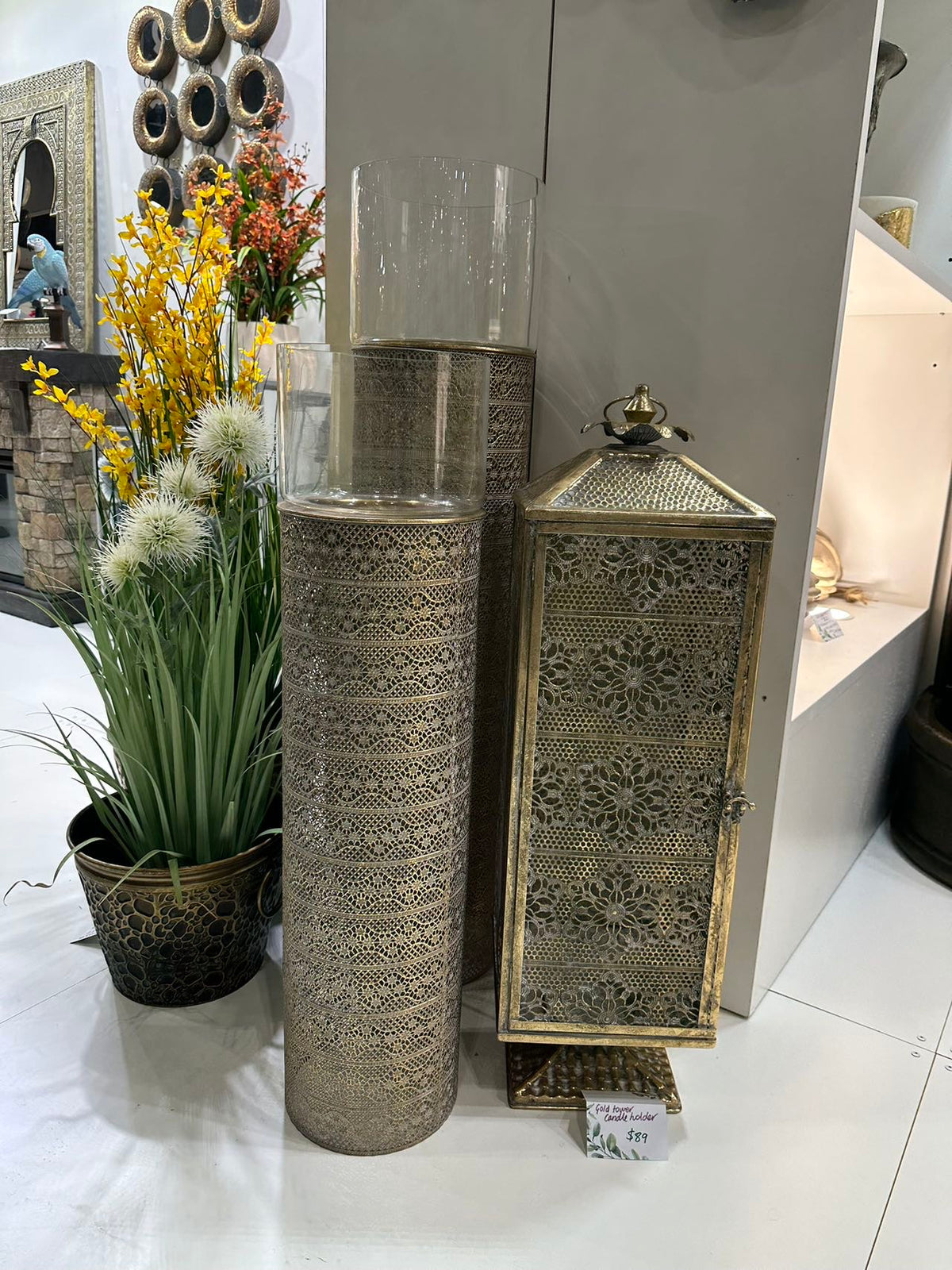 Gold Pillars Candle Metal Holders Set 2 Gold Colour