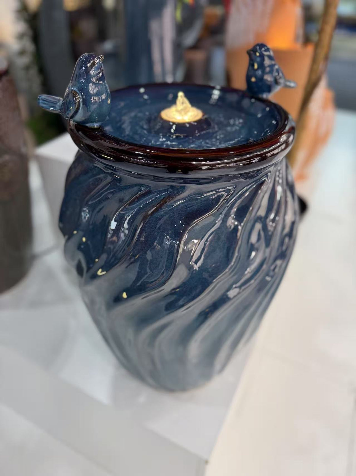 Isleta Glazed Ceramic Urn Shaped Blue Fountain with Birds