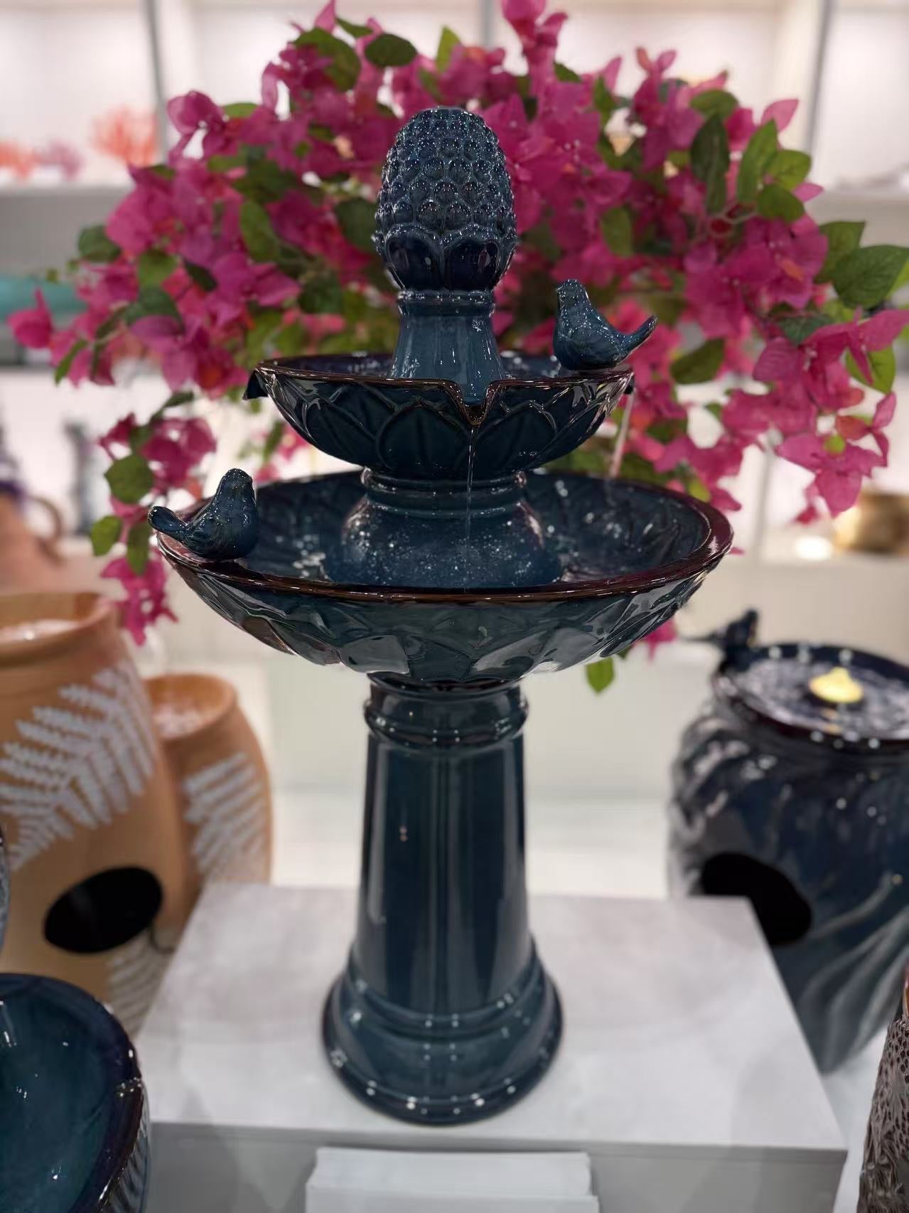 Carretera Glazed Ceramic Tiered Blue Fountain with Birds