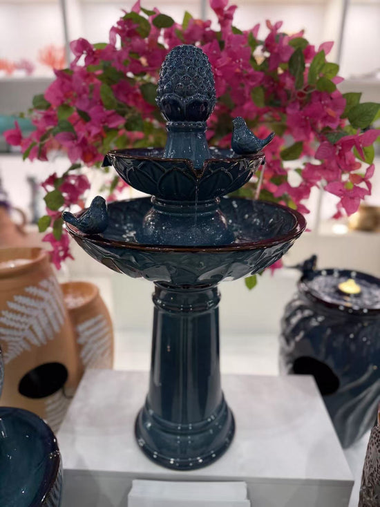 Carretera Glazed Ceramic Tiered Blue Fountain with Birds