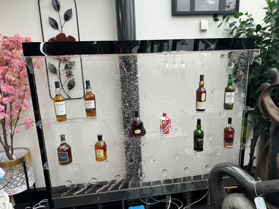 Bellagio Bar Cabinet Water Feature Wide and Functional with Shelves & Hanging Glasses