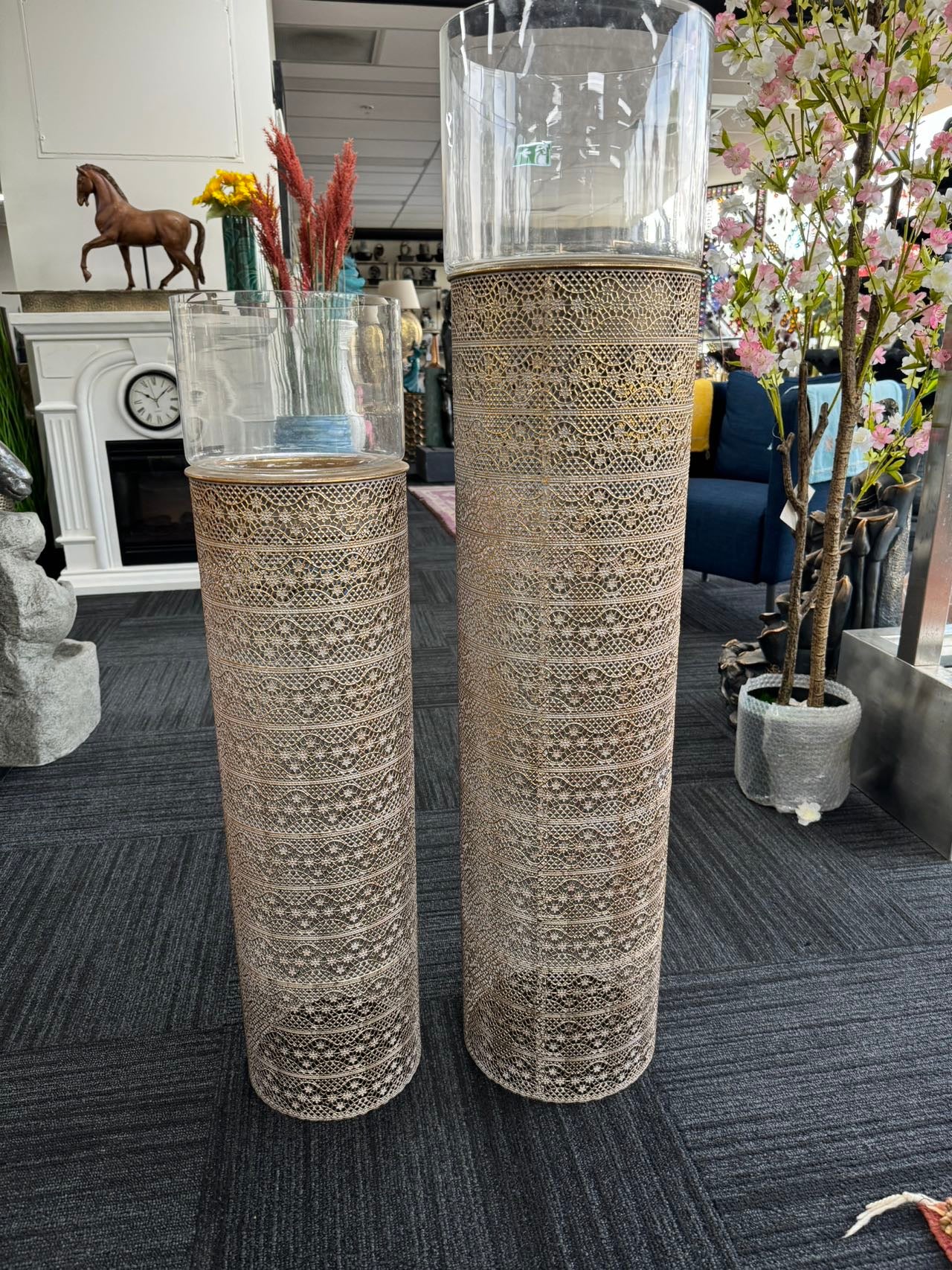 Gold Pillars Candle Metal Holders Set 2 Gold Colour