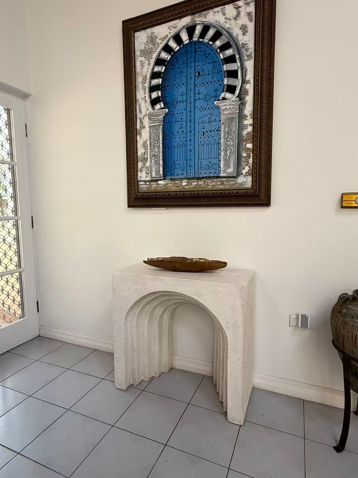 Arcada MGO multi-layered arch mantel table rustic white