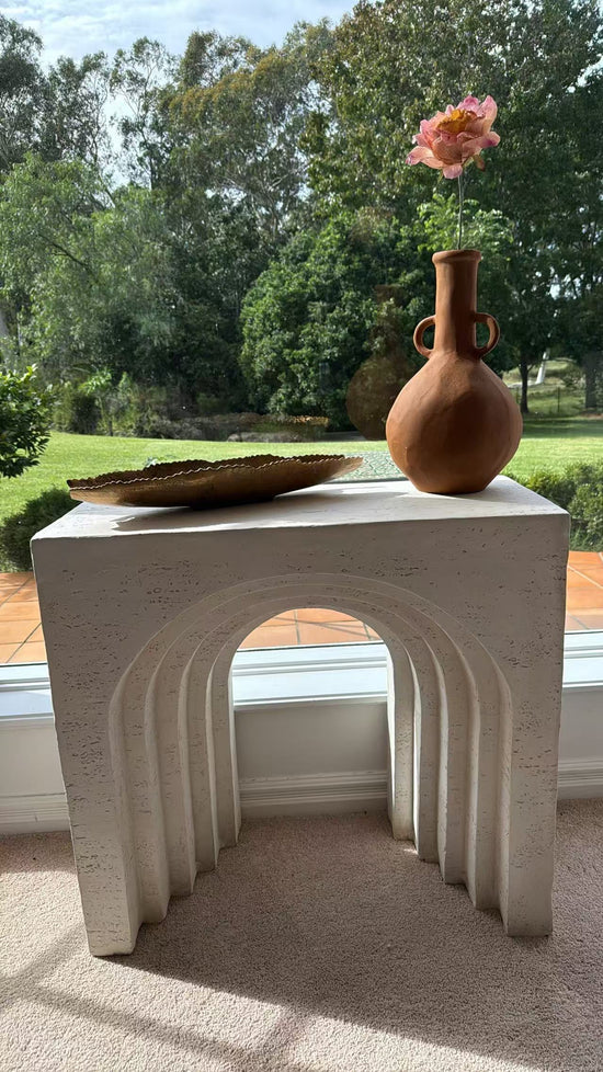 Arcada MGO multi-layered arch mantel table rustic white