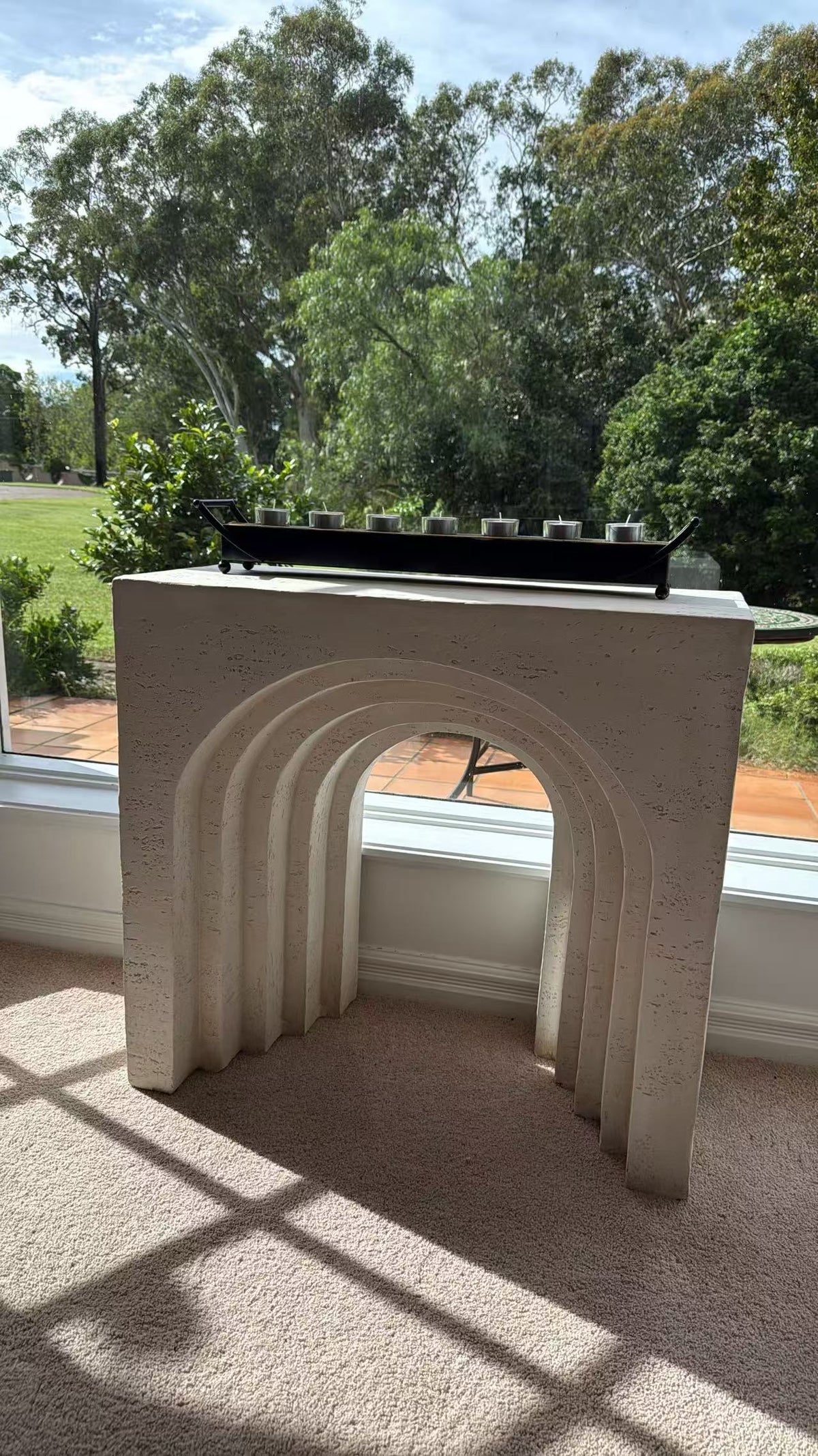 Arcada MGO multi-layered arch mantel table rustic white