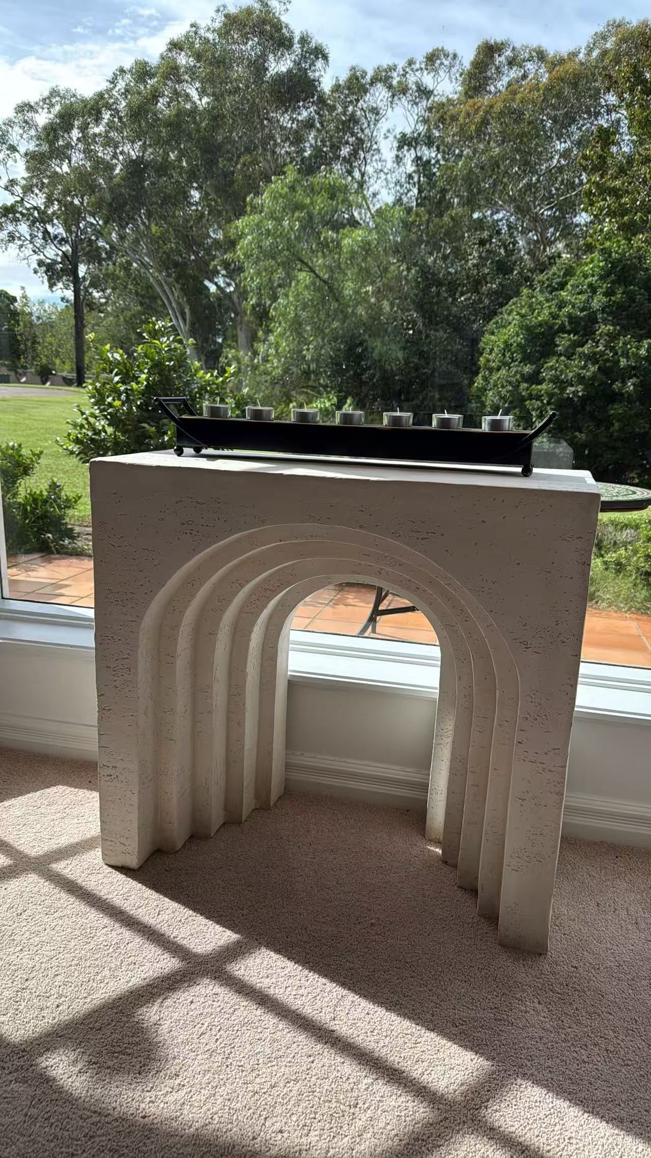Arcada MGO multi-layered arch mantel table rustic white