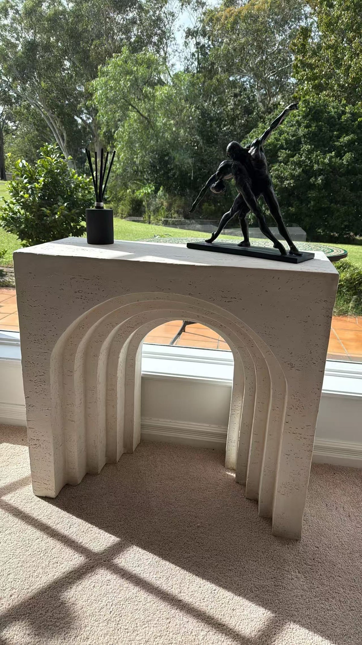 Arcada MGO multi-layered arch mantel table rustic white