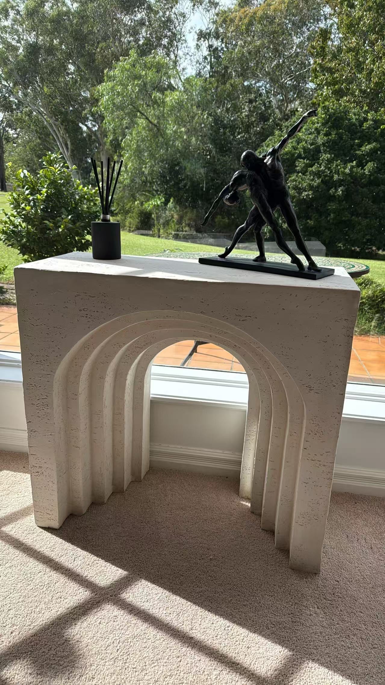 Arcada MGO multi-layered arch mantel table rustic white