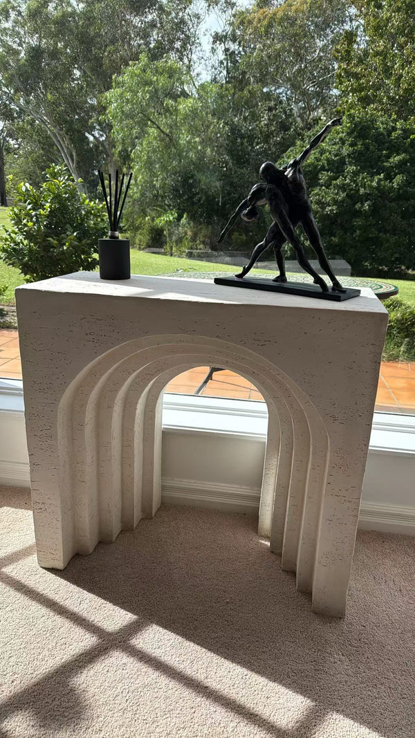 Arcada MGO multi-layered arch mantel table rustic white