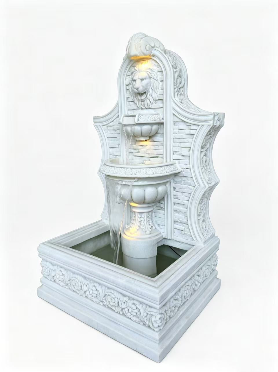 Bergamo Large Lion Face Fountain – White Sandstone, 2-Tier Cascade with LED Lights & Pond Base