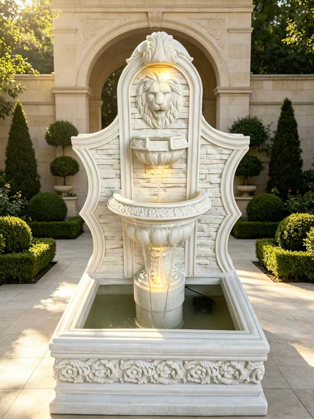 Bergamo Large Lion Face Fountain – White Sandstone, 2-Tier Cascade with LED Lights & Pond Base