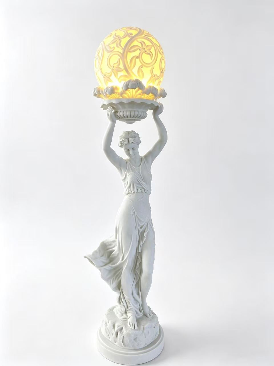 Gamra European Heritage Lady Statue – White Sandstone with Illuminated Ball, 234cm Tall