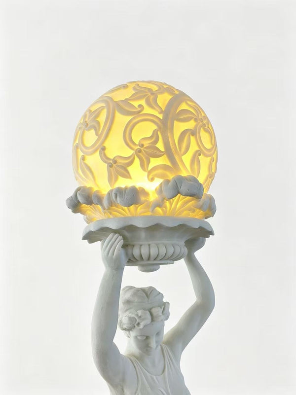 Gamra European Heritage Lady Statue – White Sandstone with Illuminated Ball, 234cm Tall