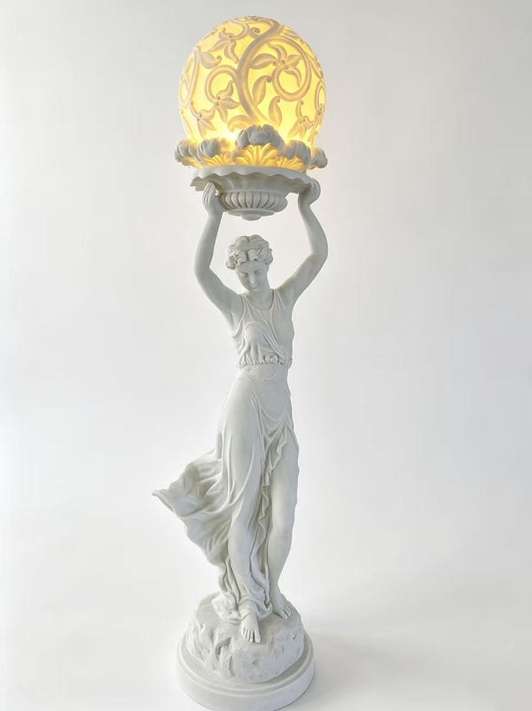 Gamra European Heritage Lady Statue – White Sandstone with Illuminated Ball, 234cm Tall