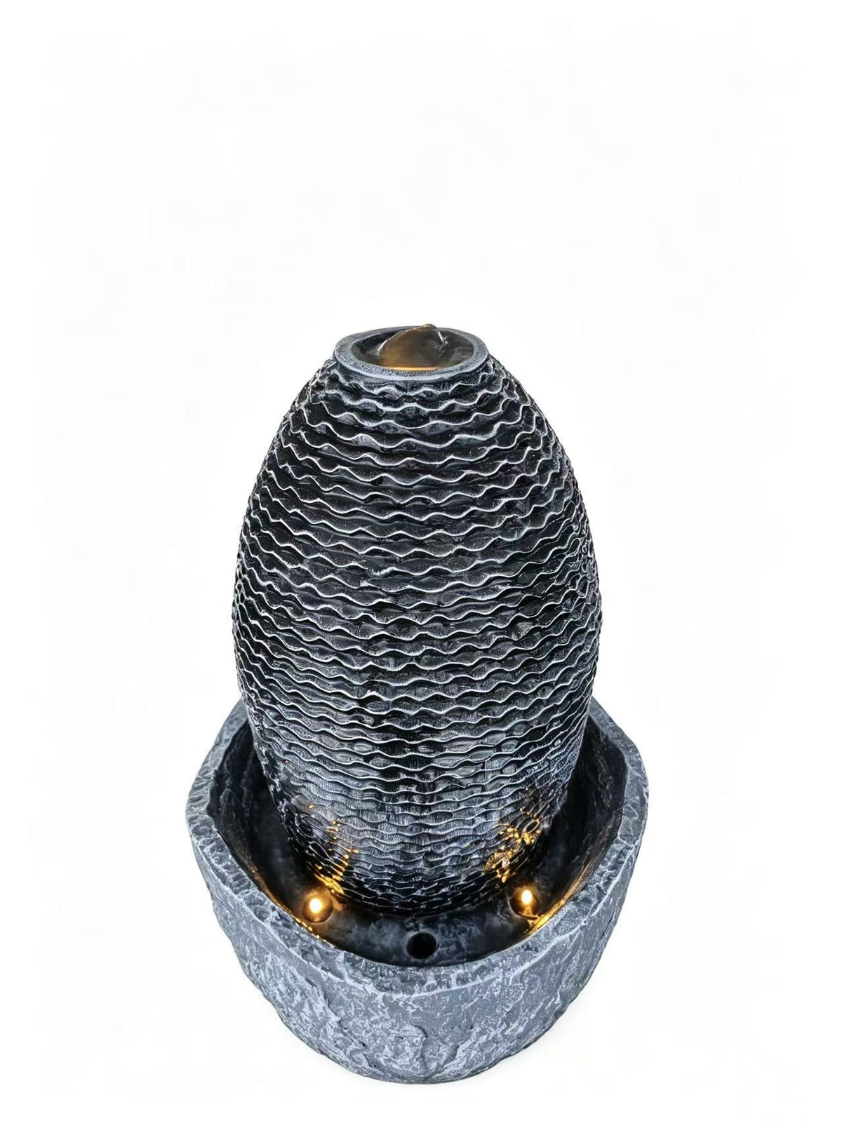 Humpty Egg-Shaped Desktop Fountain – Black & Charcoal Cement Fibreglass with LED Lights