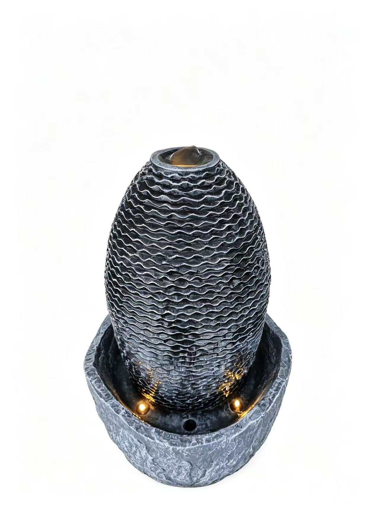 Humpty Egg-Shaped Desktop Fountain – Black & Charcoal Cement Fibreglass with LED Lights