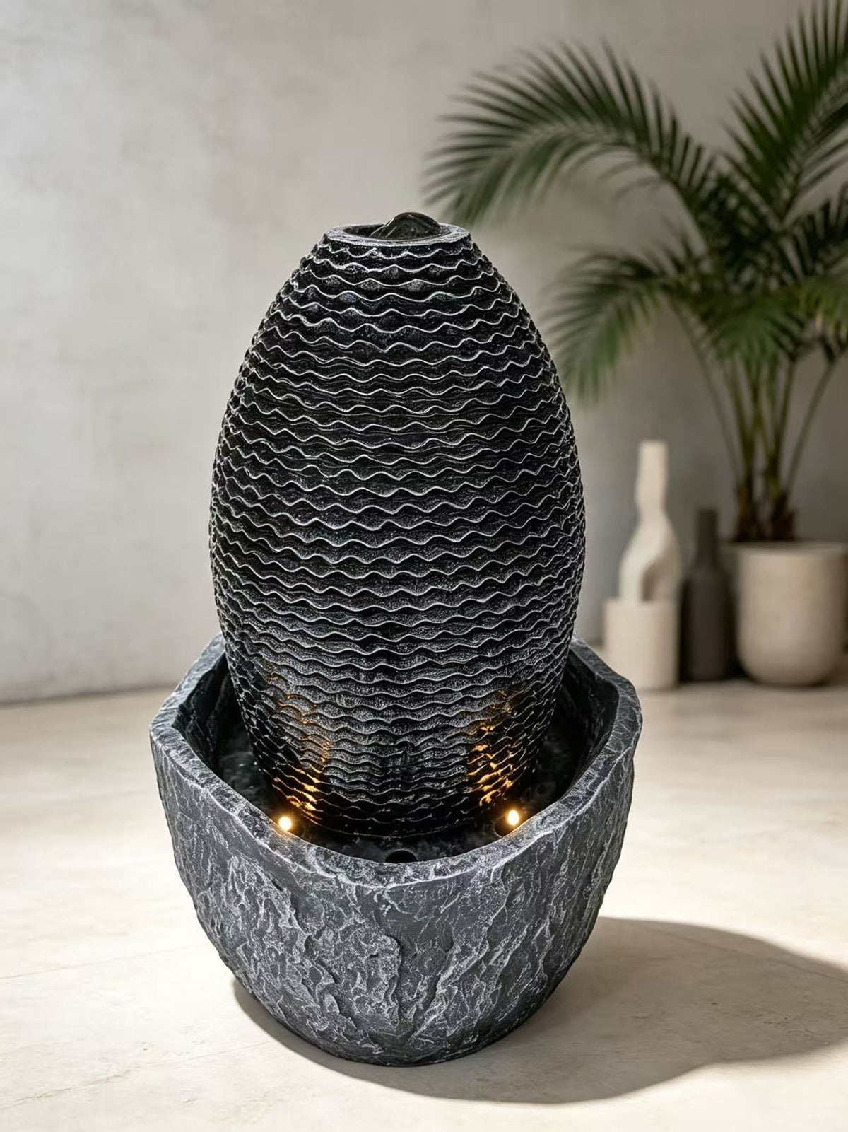 Humpty Egg-Shaped Desktop Fountain – Black & Charcoal Cement Fibreglass with LED Lights